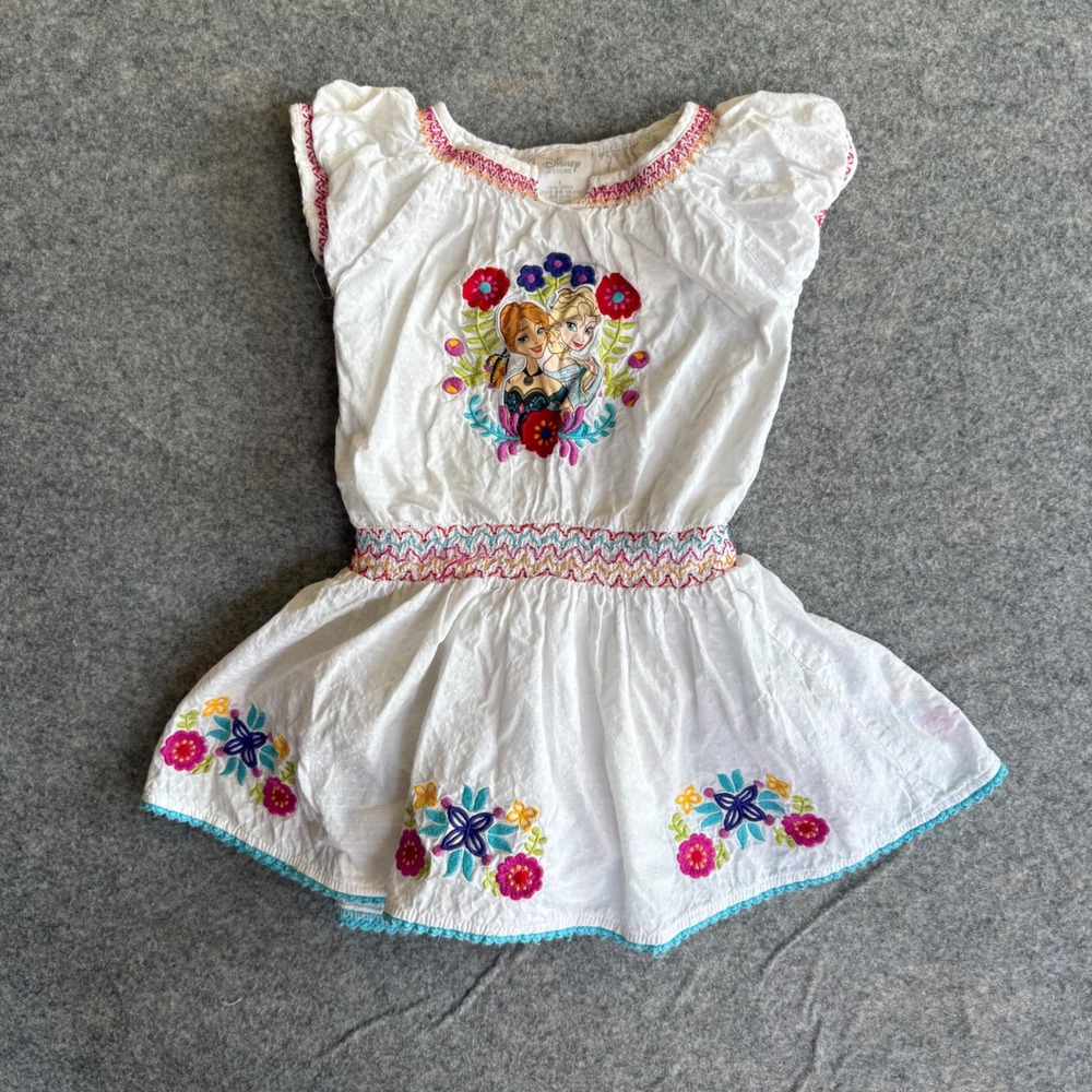 Disney Store Frozen Anna Elsa Embroidered White Smocked Dress Kids Size 4